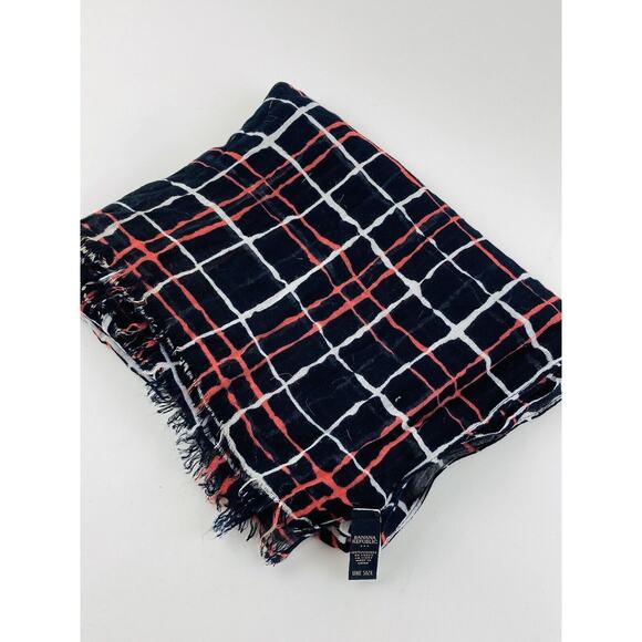 Banana Republic Viscose Scarf Blue Coral Pink White 76" x 25" Raw Fringe Plaid - Picture 3 of 6